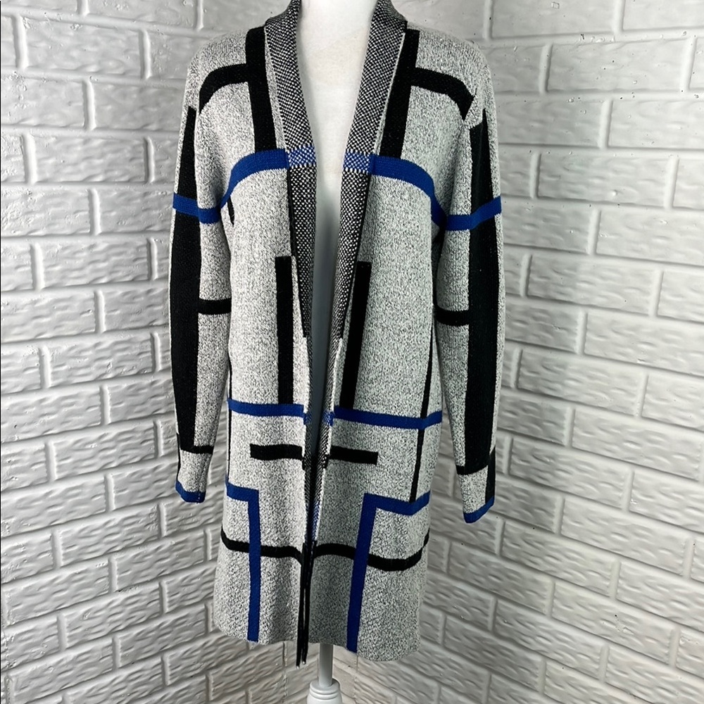 BACIANO Geometric Cardigan Open Front Midi Long Sleeve Gray Black Blue SZ Med
